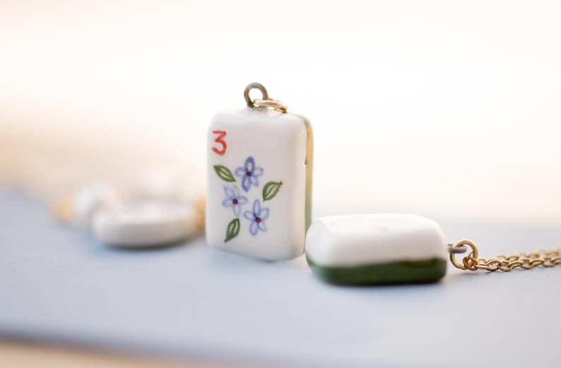 Hand-Painted Ceramic Mahjong Tile Necklace, Floral Charm, Mahjong Lover Gift Custom Design