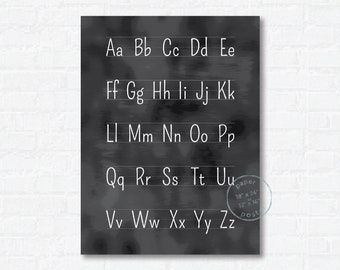 Blackboard Alphabet Paper Art Print | Kids Room Wall Art | Classroom Decor or Homeschool Poster | Black and White Handwriting Letters