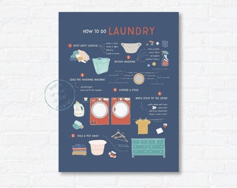 How To Do Laundry Art Print Poster | Modern Graduation Gift | Laundry Room Home Decor | Dorm Room | Housewarming Gift | Chore Chart