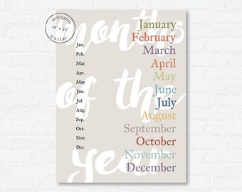 Months of the Year Poster Printable - Kids Wall Art - Classroom or Homeschool Poster - Educational Calendar Poster