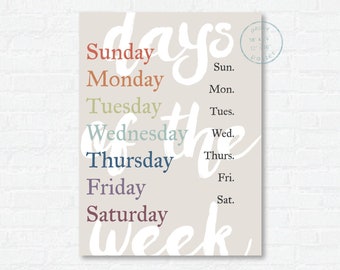 Days of the Week Paper Poster Print | Kindergarten Classroom Decor | Homeschool Poster | Kids Wall Art | Educational Poster