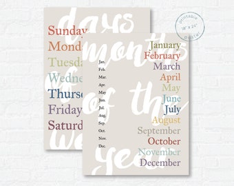 Days & Months Printable Poster Bundle - Classroom or Homeschool Poster - Kids Wall Art - Elementary Educational Charts