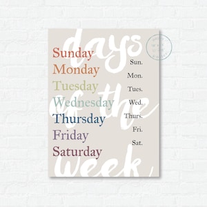 Days of the Week Paper Poster Print | Kindergarten Classroom Decor | Homeschool Poster | Kids Wall Art | Educational Poster