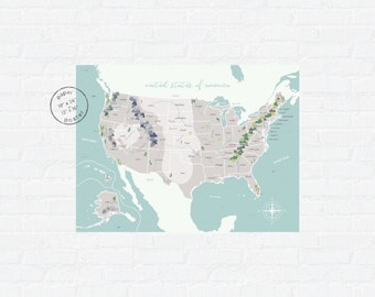 Illustrated US Map | Homeschool Classroom Decor | Map of the United States Physical Features | National Parks Map | Travel Lover