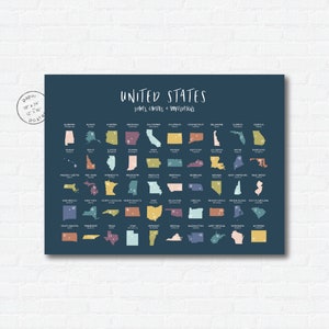 50 Stati e capitali carta Poster stampa | Stati Uniti aula Decor | Geografia di Homeschool | Bambini scuola Mappa Art