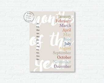 Months of the Year Paper Poster Print - Classroom or Homeschool Poster - School Calendar Wall Art - Kids Room Art Print - Elementary