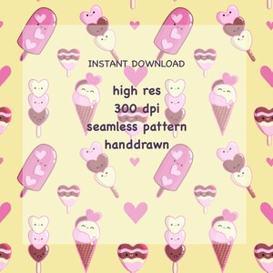 Op de afbeelding: Een naadloos patroon met handgetekende illustraties van ijsjes, ijslolly's en hartvormige lekkernijen in roze, wit en bruin, tegen een lichtgele achtergrond. Het patroon bevat de tekst "INSTANT DOWNLOAD", "high res", "300 dpi" en "seamless pattern".