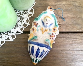 Holy water font vintage ceramic Sicilian pottery blue gift first communion baptism wall decor bedside decor religious gift collectible