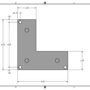 May include: A gray, L-shaped metal bracket with dimensions labeled in inches. The bracket is 4.75 inches wide and 4.75 inches long, with a 1.75-inch section. It features four circular holes and is set against a white background.