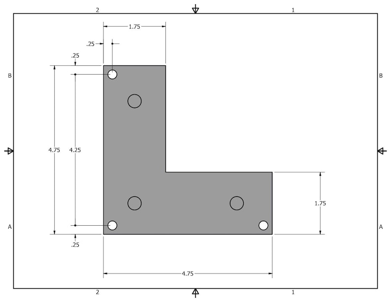 May include: A gray, L-shaped metal bracket with dimensions labeled in inches. The bracket is 4.75 inches wide and 4.75 inches long, with a 1.75-inch section. It features four circular holes and is set against a white background.