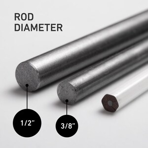 May include: Three metal rods of varying diameters are displayed against a white background. The largest rod is labeled 1/2", the middle rod is 3/8", and a white pencil is also shown. The text "ROD DIAMETER" is at the top.