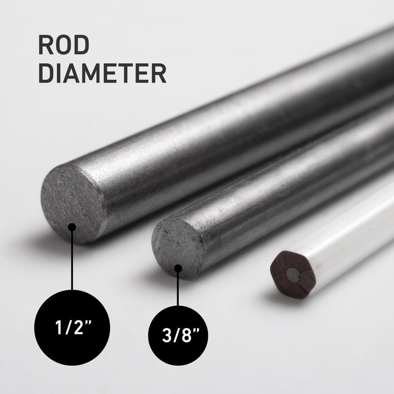 May include: Three metal rods of varying diameters are displayed against a white background. The largest rod is labeled 1/2", the middle rod is 3/8", and a white pencil is also shown. The text "ROD DIAMETER" is at the top.