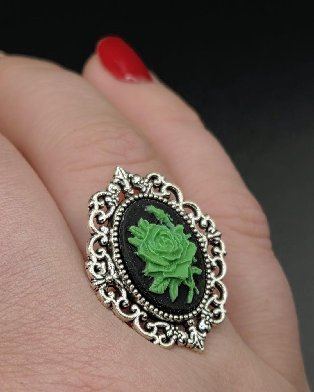 Green Roses Black Background Green Rose on A Black Background, Adjustable, Cameo Ring/jewelry ...