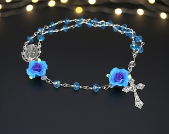 Pulsera de rosario de cristal austriaco con rosas/Confirmación/Primera Comunión/Bautismo/Regalos para ella/Ideas de regalos católicos, cristianos y religiosos