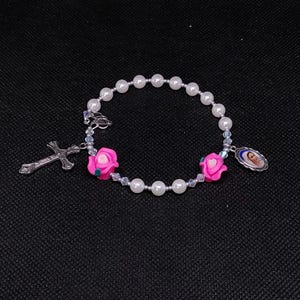 Pink Rose, Natural Pearl, Beaded Rosary Bracelet.