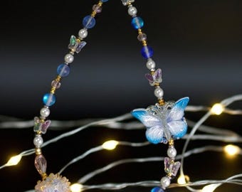 Blue, Crystal, Butterfly Phone Charm Wristlet/Phone Accessory/Phone Lanyard/Key Chain/Purse/Bag Charms/Jewelry/Boho Style/Gift Ideas For Her