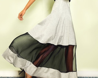 Long Gray A-Line Maxi Skirt - Elegant Floor Length Evening Grey Satin Skirt - Avant Garde Designer Long Party Skirt w/ Sheer Silk Organza