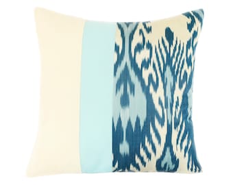 Bohemian Ikat Teal Throw Pillow Cover - Color Block Cream & Turquoise 18x18 Pillow Cover - Uzbek Ikat Tribal Boho Cushion Pillow Cover