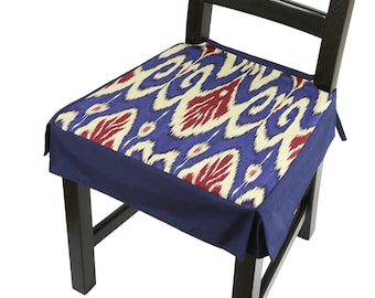 Blue & Red Ikat Dining Chair Seat Cover - Bohemian Kitchen Chair Seat Cushion with Skirt - Uzbek Ikat Boho Removable Chair Cover Pad