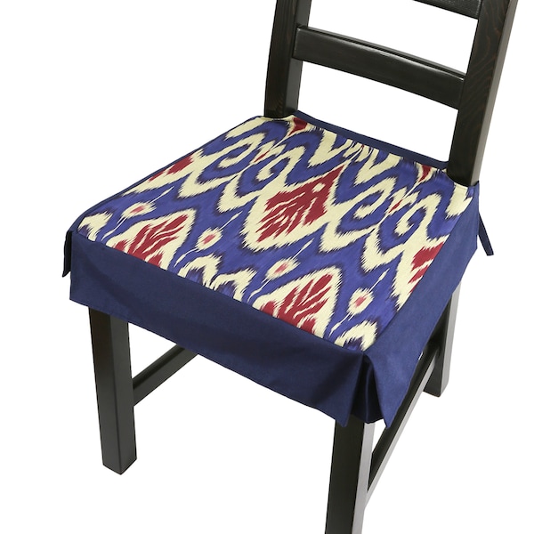 Blue & Red Ikat Dining Chair Seat Cover - Bohemian Kitchen Chair Seat Cushion with Skirt - Uzbek Ikat Boho Removable Chair Cover Pad