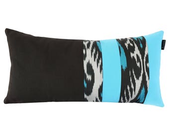 Black & Turquoise Long Lumbar Color Block Throw Pillow Cover - Uzbek Ikat Striped Lumbar Decorative Pillow Cover - Boho Lumbar Pillow Cover