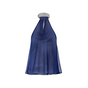 May include: A navy blue halter top with a gray trim around the neckline. The top is made of a sheer fabric and has a loose, flowing fit.