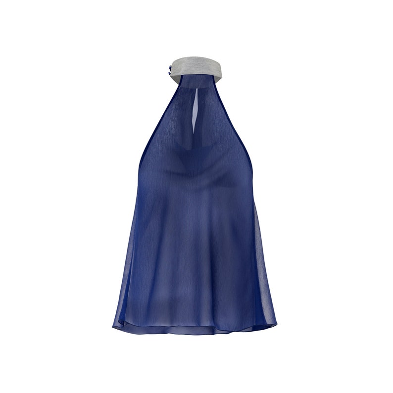 May include: A navy blue halter top with a gray trim around the neckline. The top is made of a sheer fabric and has a loose, flowing fit.