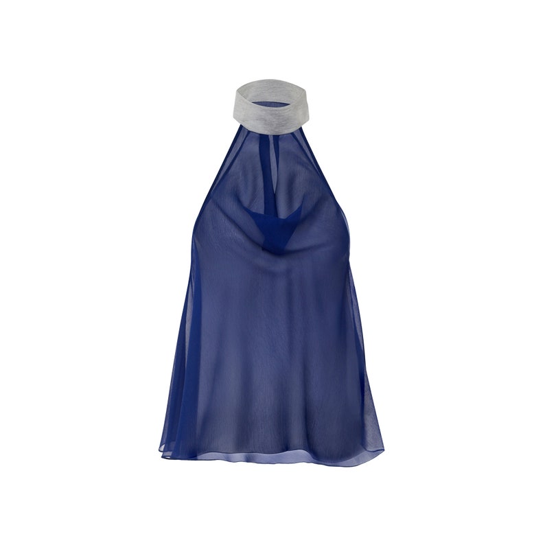 May include: A navy blue halter top with a gray trim around the neckline. The top is made of a sheer fabric and has a loose, flowing fit.
