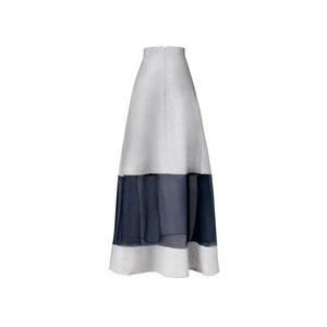 May include: A long gray skirt with a black sheer overlay at the bottom.