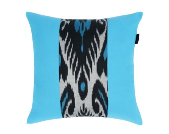Boho Chic Turquoise & Black Ikat Pillow Cover, 18x18 - Handwoven Silk - Boho Home Decor Decorative Ikat Pillow Cover