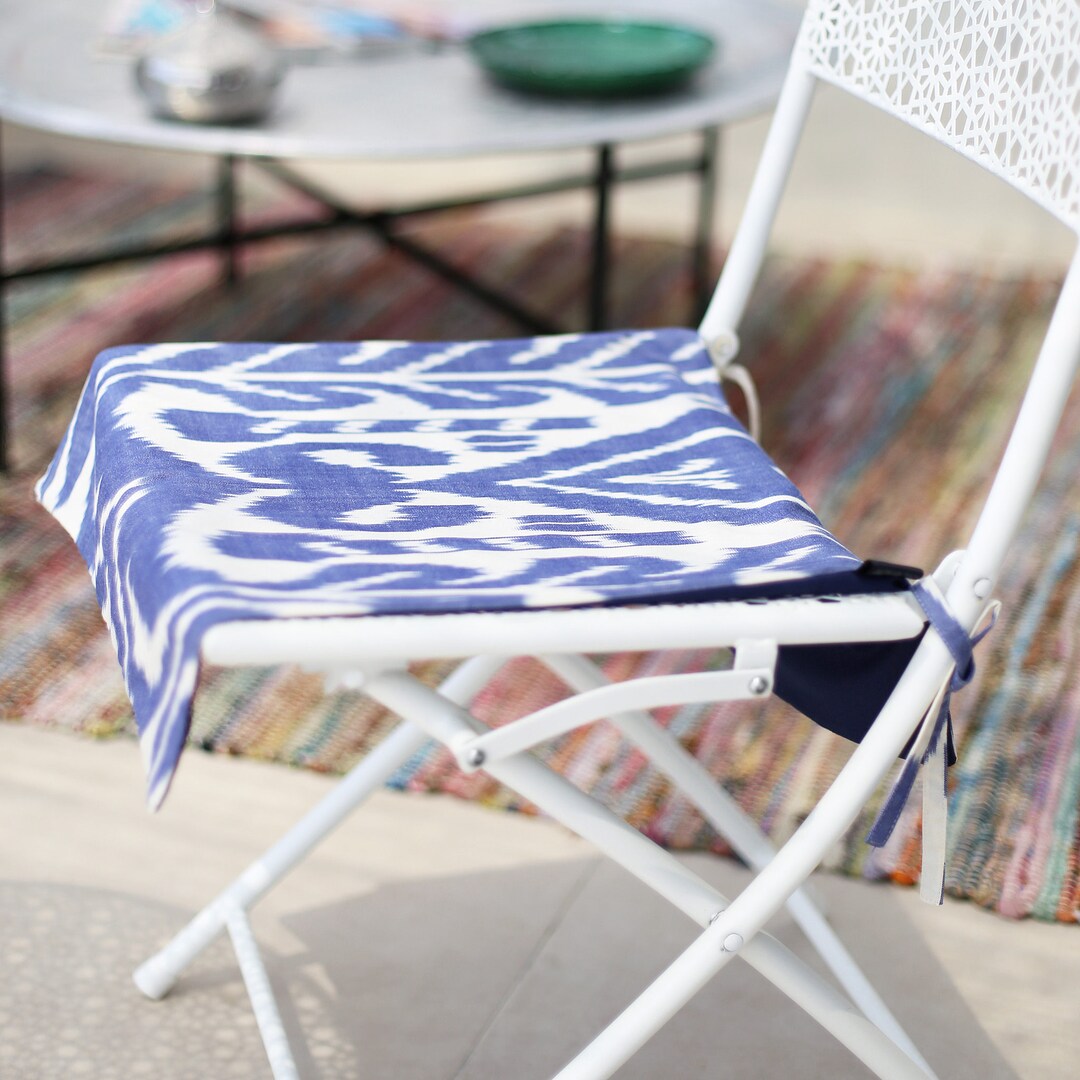 Indigo Blue Ikat Patio Chair Seat Cover Boho Kitchen Chair Cover