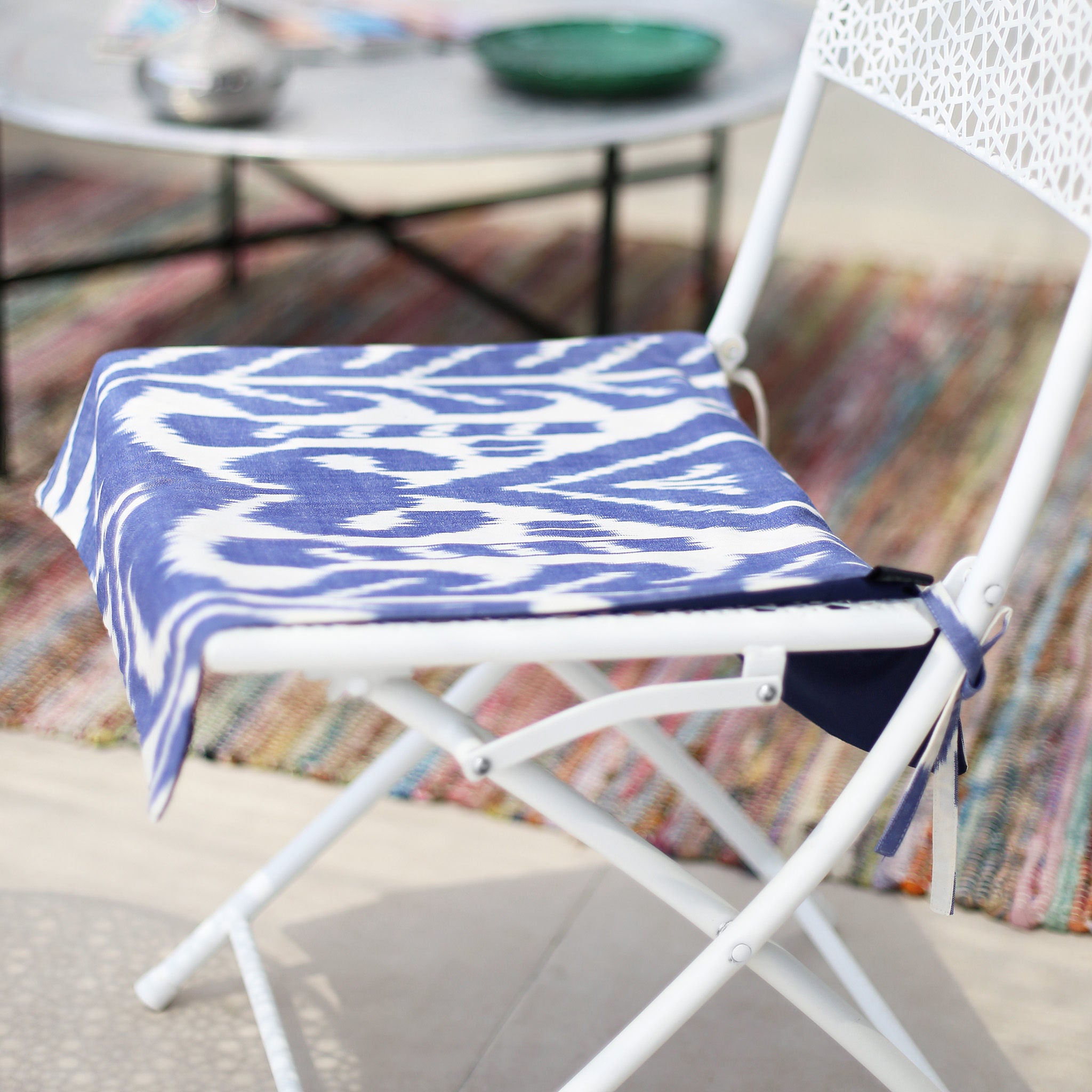 Indigo Blue Ikat Patio Chair Seat Cover - Boho Kitchen Chair Cover - Removable Dining Chair Cover - Beach & Pool Lounge Chair Cover