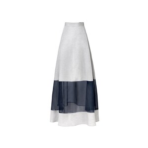 May include: A long gray skirt with a black sheer overlay. The skirt is a-line and has a simple design.