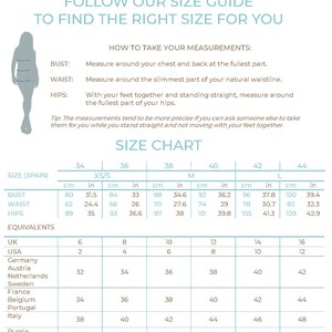 May include: Size chart for clothing with measurements in inches and centimeters. The chart includes bust, waist, and hip measurements for sizes XS/S, M, and L. The chart also includes equivalent sizes for the UK, USA, Germany, Austria, Netherlands, Sweden, France, Belgium, Portugal, Italy, and Russia.