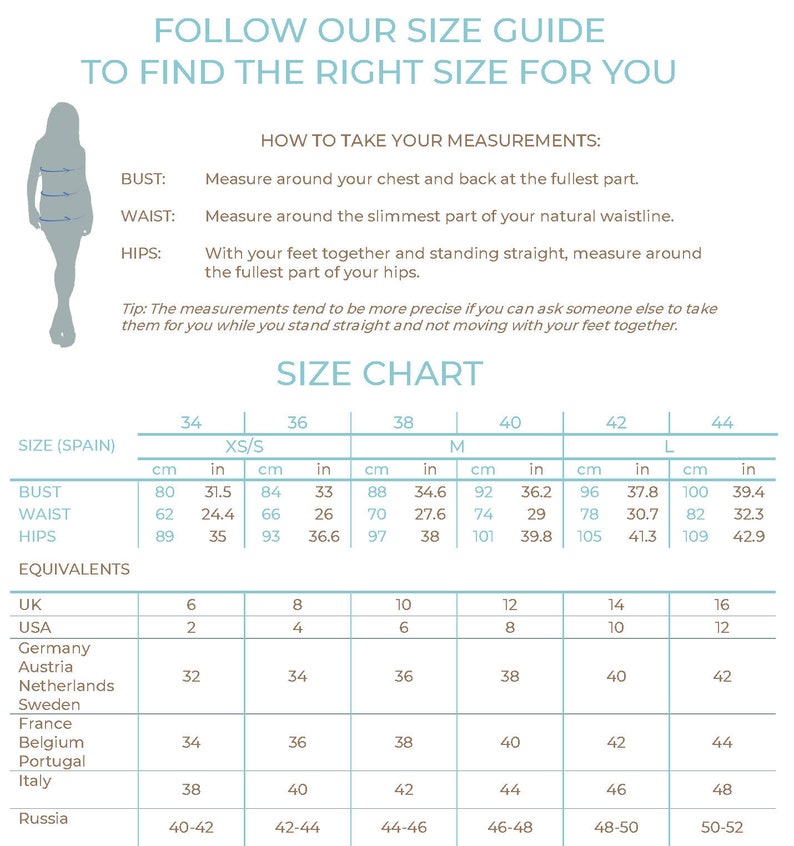 May include: Size chart for clothing with measurements in inches and centimeters. The chart includes bust, waist, and hip measurements for sizes XS/S, M, and L. The chart also includes equivalent sizes for the UK, USA, Germany, Austria, Netherlands, Sweden, France, Belgium, Portugal, Italy, and Russia.