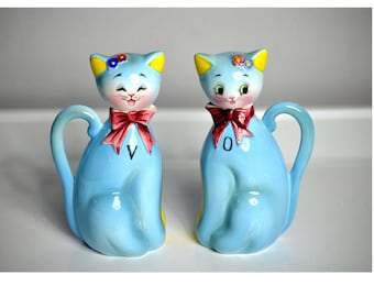 Vintage 1950s Norcrest Blue Cat Oil and Vinegar Set Extremely Rare