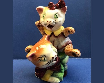 Vintage 1950s Rare Set Anthropomorphic  Cat Stacking Salt/Pepper Shakers Marked Japan
