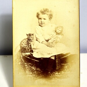 vintage 1889 Cabinet Card Adorable Toddler with Doll and Cat par J Henry Hogg Photographer Patent Pending Strickland Gate Kendal England