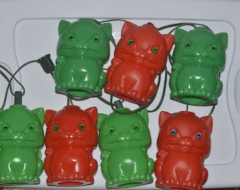 Extremely Rare Vintage Noma Blowmold  Red and Green Kitty Cat RV Patio Party Holiday Light String