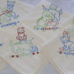 Vintage Hand Embroidered Linen Cat Kitchen Towel Set