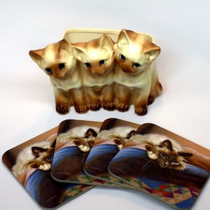 Adorable Vintage Siamese Cat Napo Coaster Set Holder /Planter