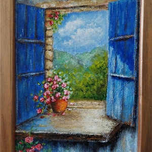 French Countryside Window Mini Canvas Nand Painted Terracotta Pot  Blue shutters  Pink Flowers Acrylic Original Painting Wall Art