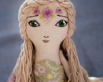 Hanolky cloth doll, handmade cloth doll, OOAK doll, fabric doll, embroidered face, heirloom doll, knitted shawl