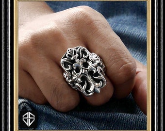 Baroque Cross Ring Heavy 925 Sterling Silver Medieval Custom Handcrafted Middle Ages Design