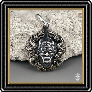 Double Dragon Hannya Pendant Ohi Noh Demon Sterling Silver And Brass Biker Japanese Pendant