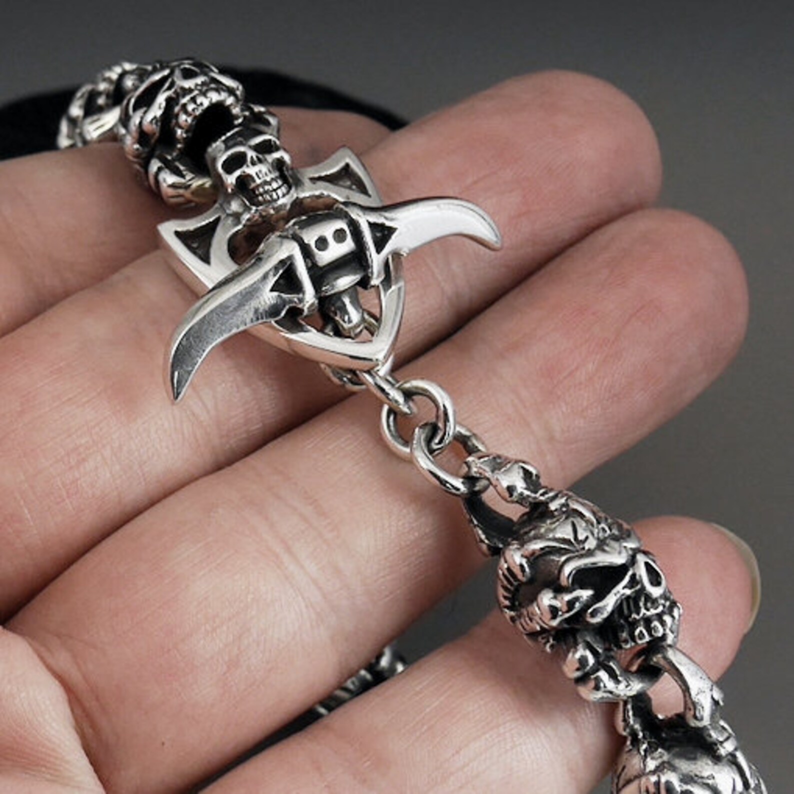 Solid Sterling Silver Biker Skull Rosary Mens Bracelet 9 Inch Etsy