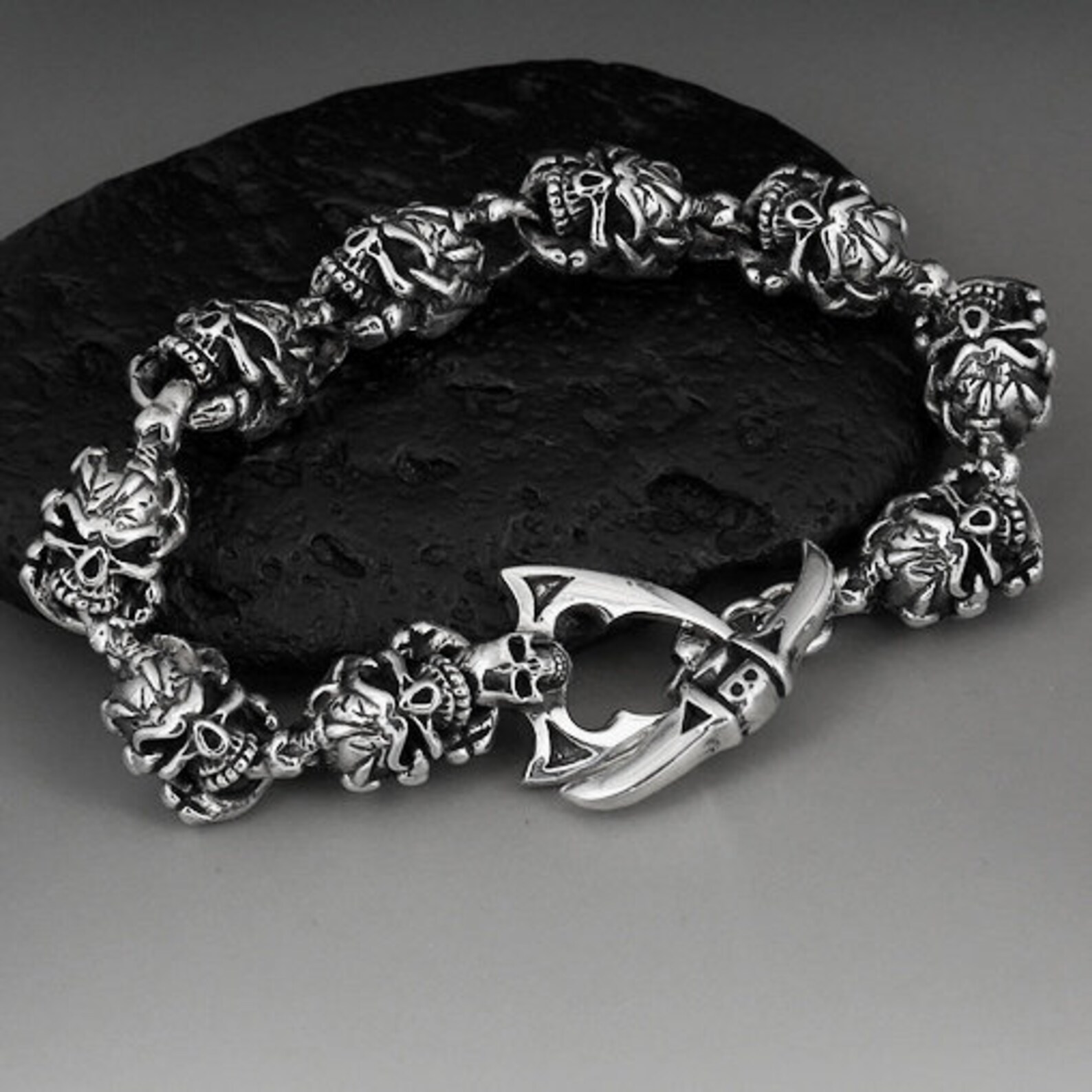 Solid Sterling Silver Biker Skull Rosary Mens Bracelet 9 Inch Etsy