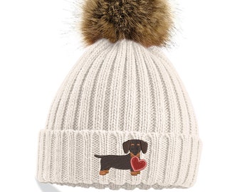 Chunky Knit Beanie Pom Pom | Embroidered Cute Dog | Dachshund | Dog Clothing Gift