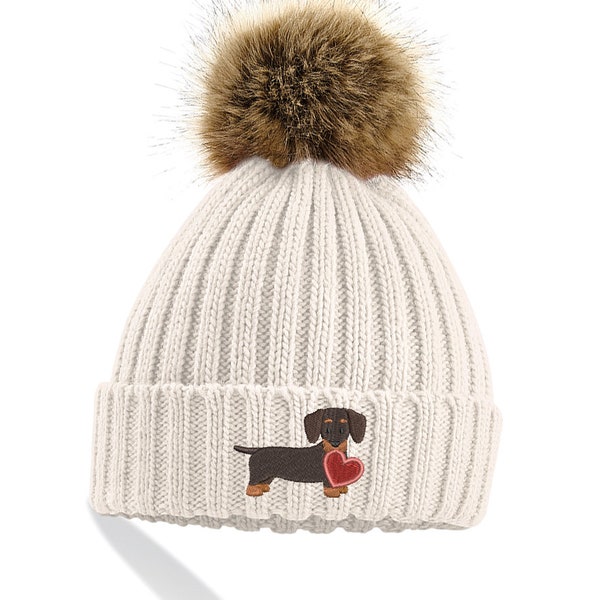 Chunky Knit Beanie Pom Pom | Embroidered Cute Dog | Dachshund | Dog Clothing Gift