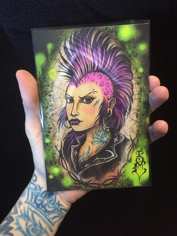 Grusskarten Druck Von Punk Tatowiert Kuken Mit Mohawk Leder Jacke Madchen Die Sexy Und Badass Rosa Haaren Ist Goth